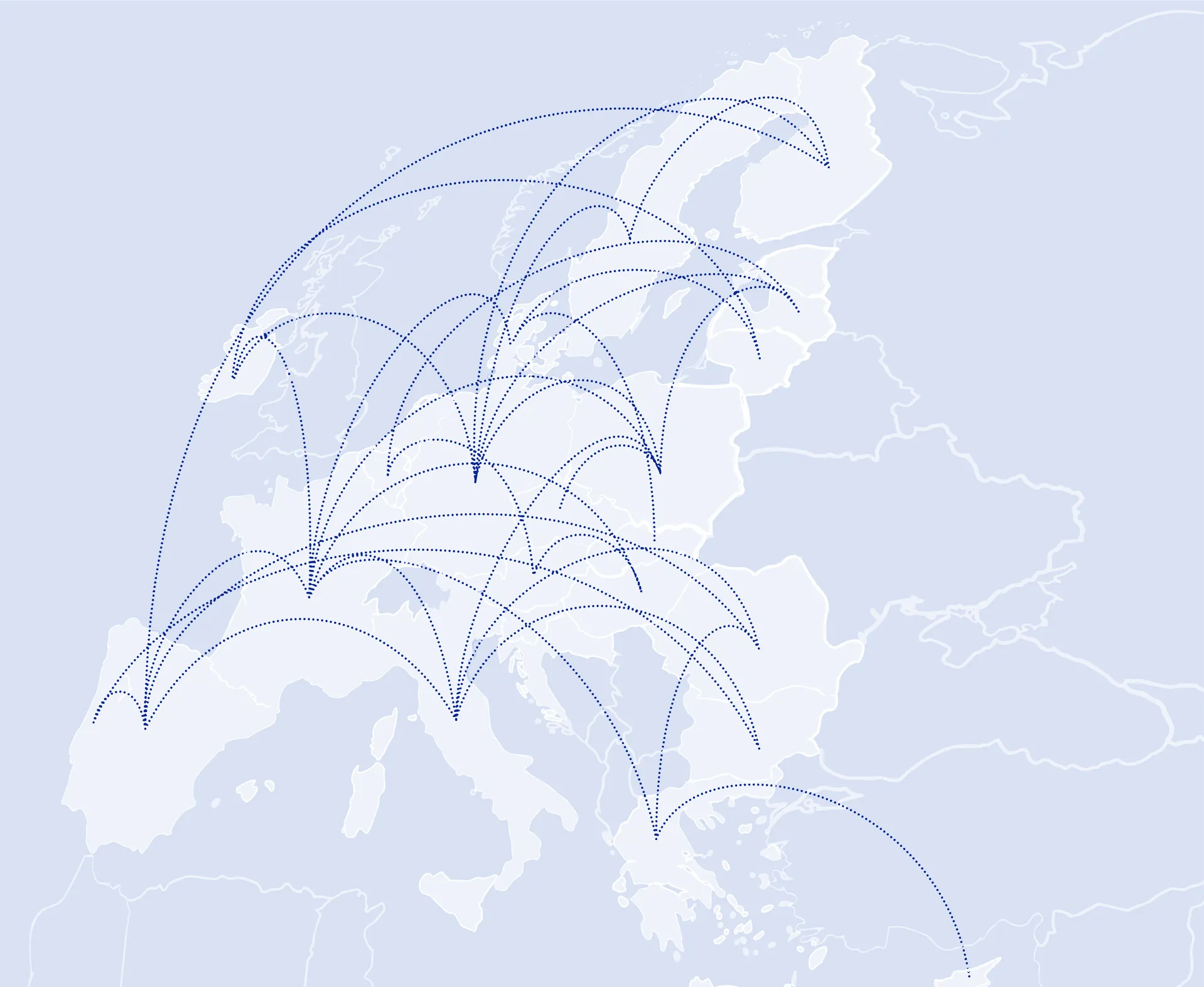 Eine stilisierte Karte von Europa. Die EU-Mitgliedstaaten sind heller markiert und durch überlappende, gestrichelte Linien miteinander vernetzt