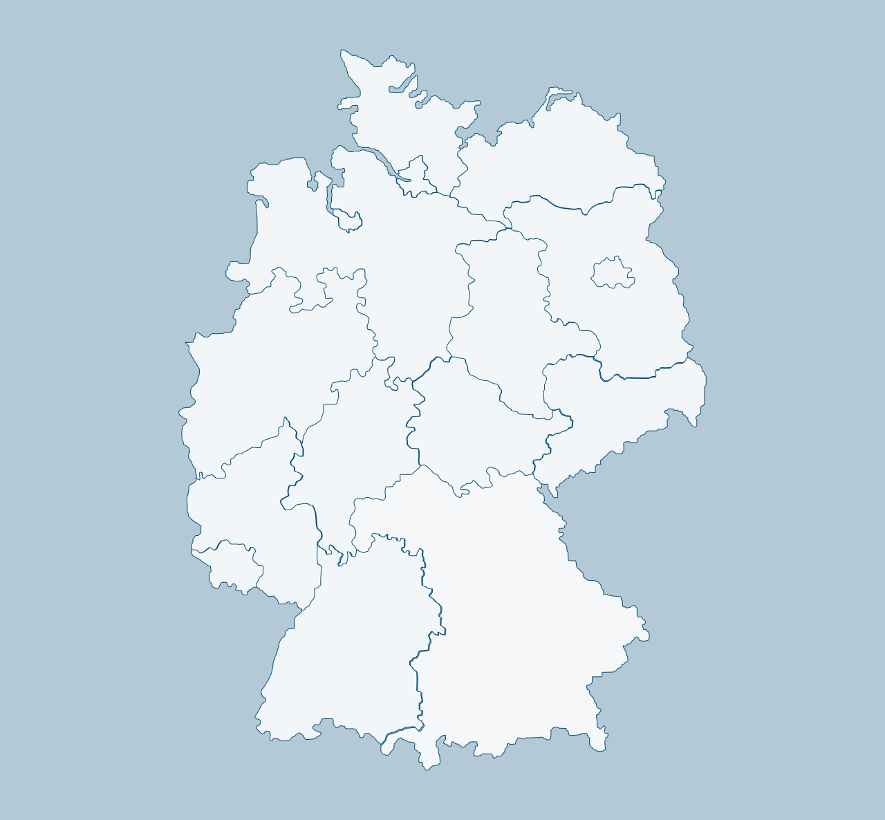 Eine stilisierte Karte von Deutschland mit den Grenzen der Bundesländer auf blauem Hintergrund.
